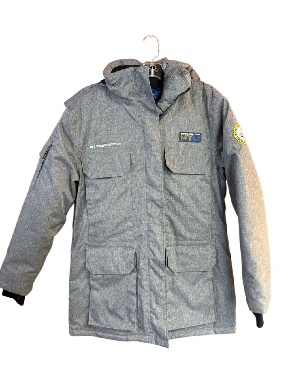NFL Super Bowl XLVIII NY/NJ gray parka jacket with "NFL Transportation" and team